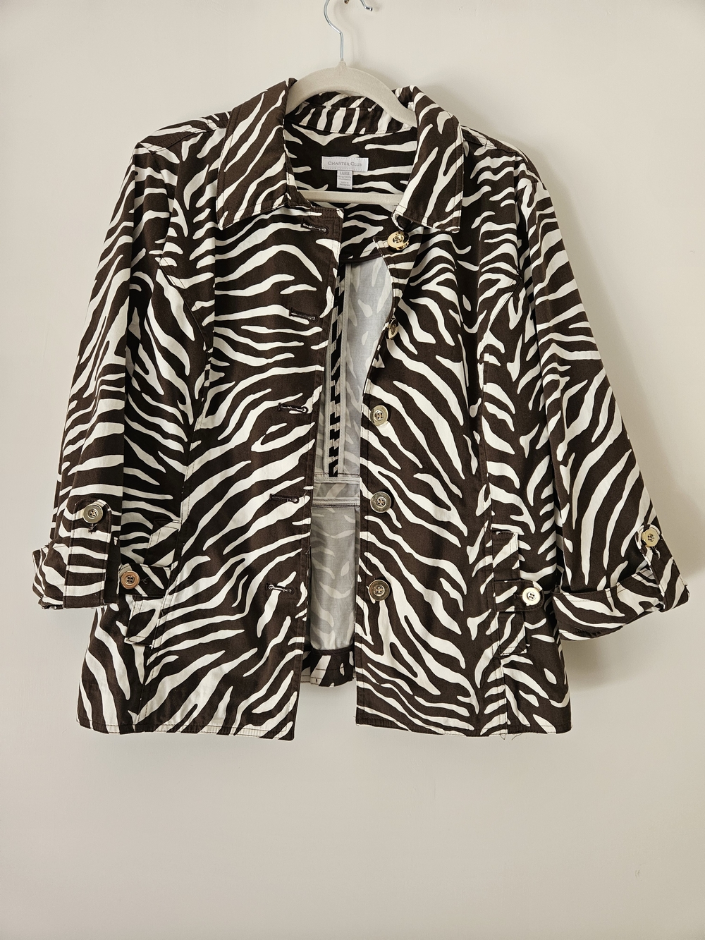 Charter Club Zebra-Print Trench Coat - Black & White Size L